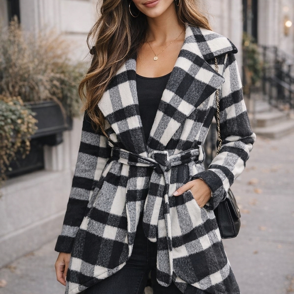 Black White‎ Plaid Belted Coat Jacket Size S